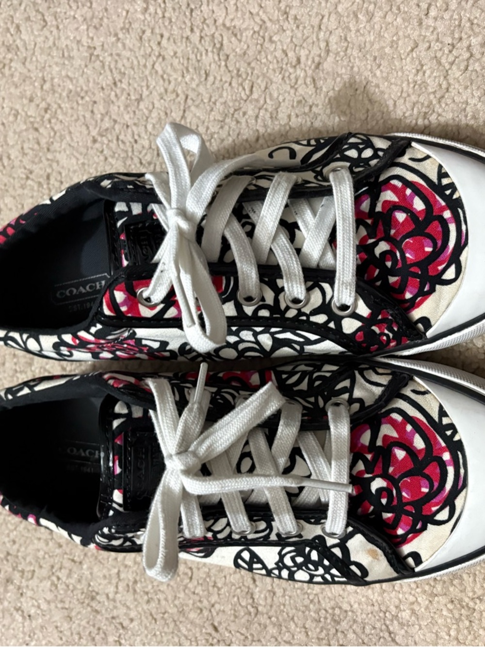 Coach Canvas Low-Top Sneakers in White, Black & Pink Floral